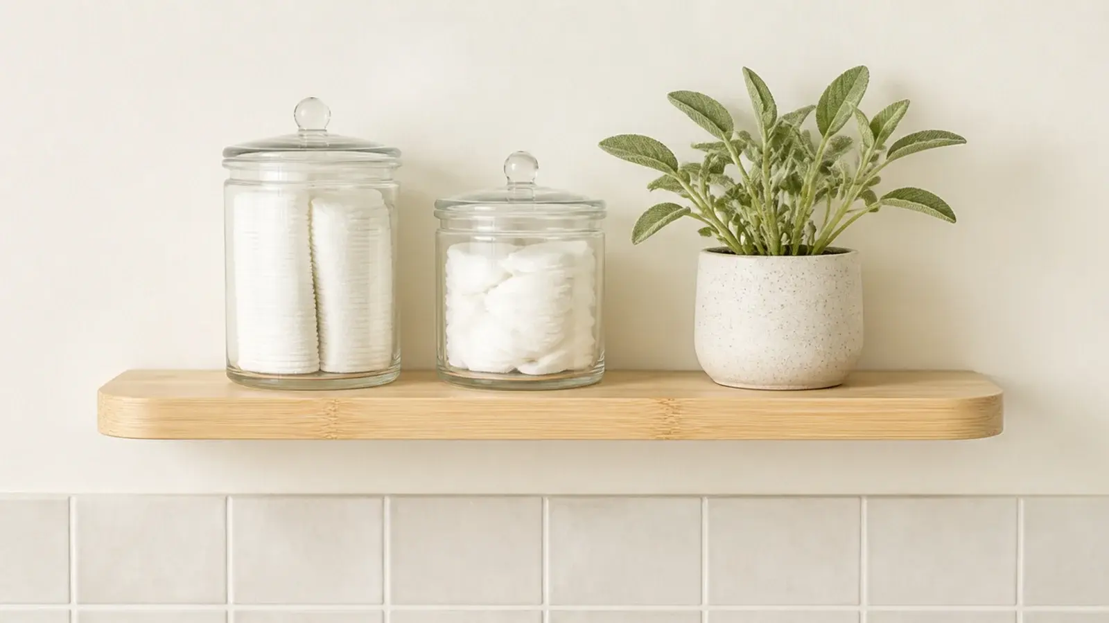 pale bamboo floating shelf in a small bathroom holding glass jars