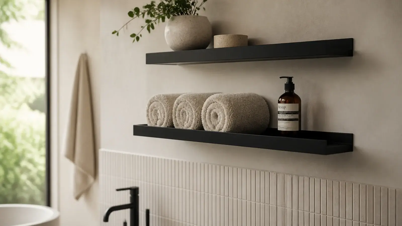 matte black powder coated steel floating shelves in a modern bathroom