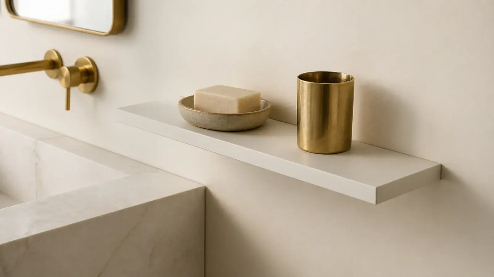 pale solid surface offcut mounted as a slim bathroom floating shelf