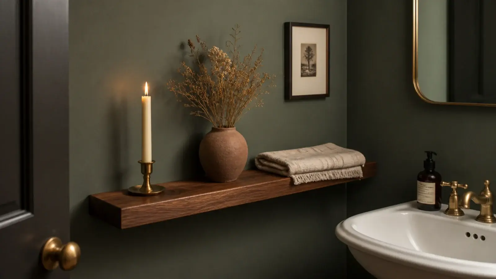 styled floating shelf in a small powder room with a candle and vase