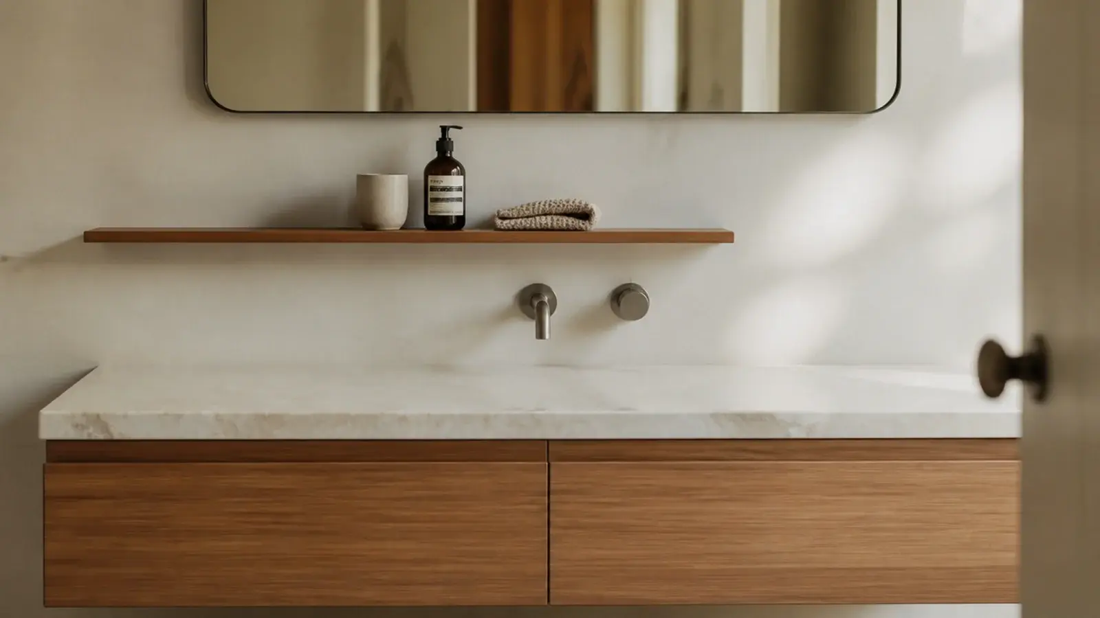 shallow floating shelf above a bathroom vanity keeping the top clear