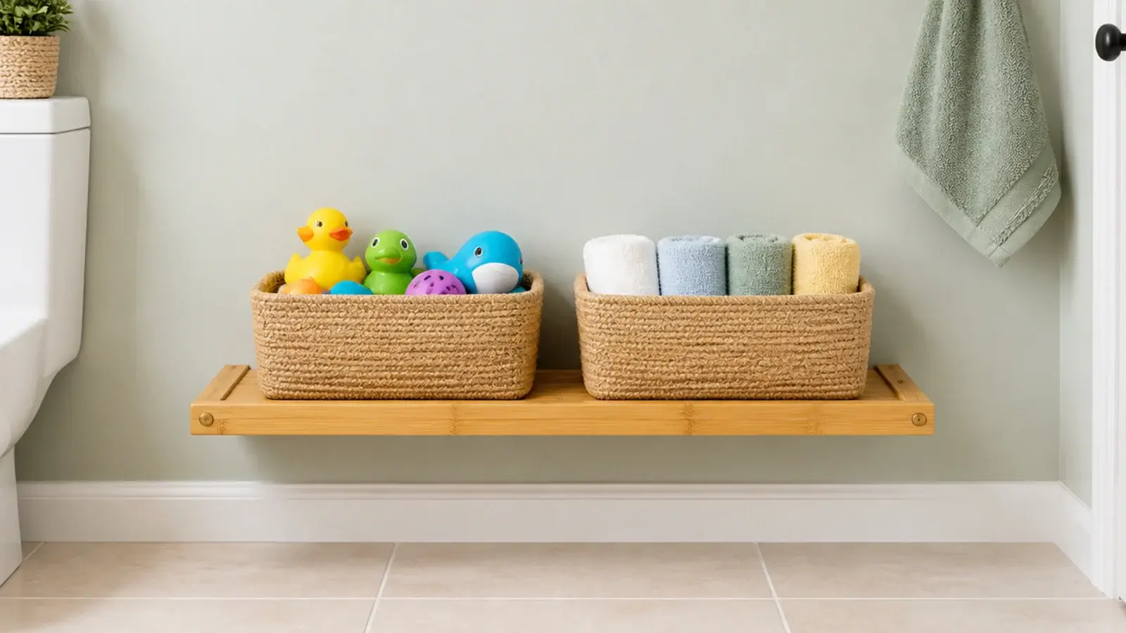 low floating shelf holding woven baskets in a family bathroom