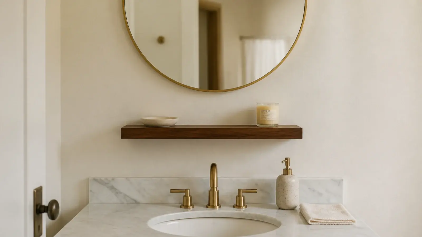 floating shelf mounted below a round bathroom mirror with brass frame