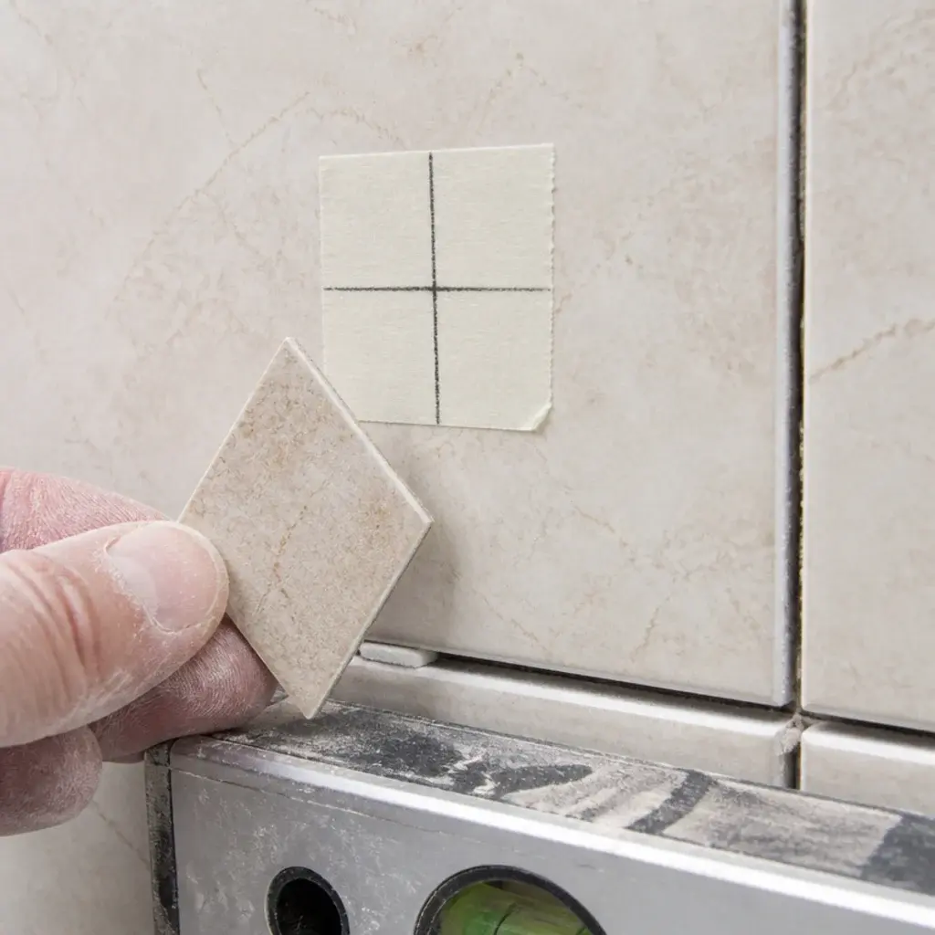 masking tape and a tile bit marking a drill point on bathroom tile