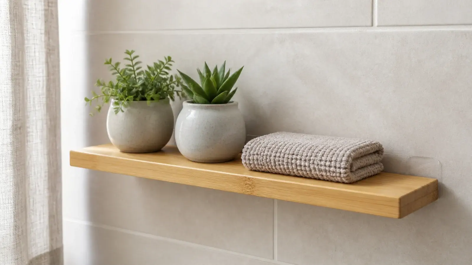 lightweight bamboo floating shelf held by adhesive strips on tile