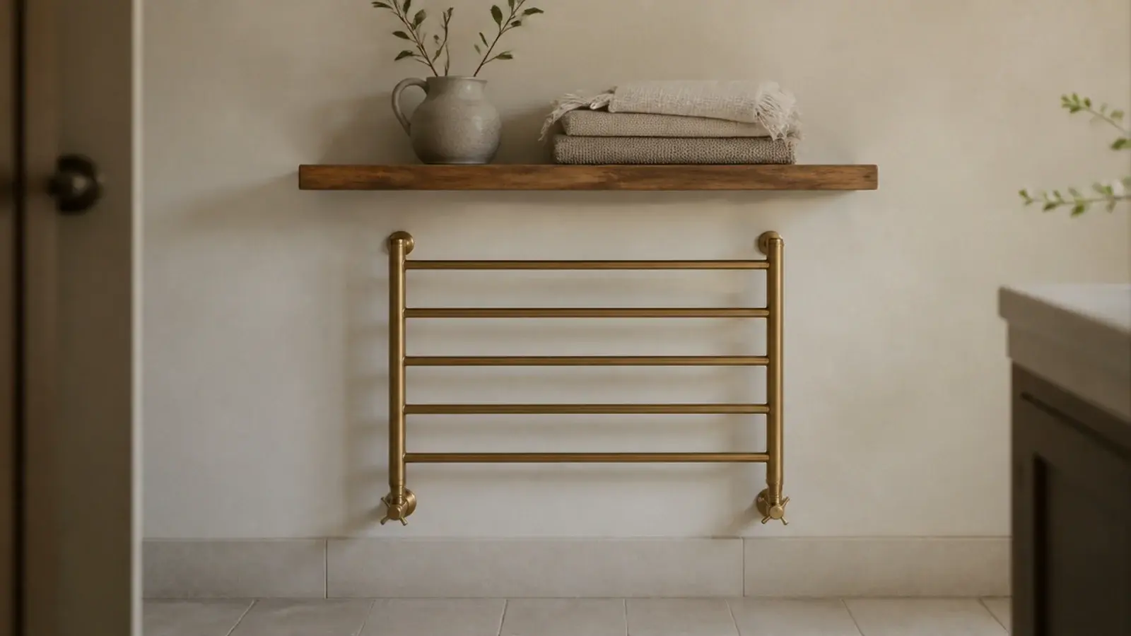 floating shelf mounted with clearance above a heated bathroom towel rail