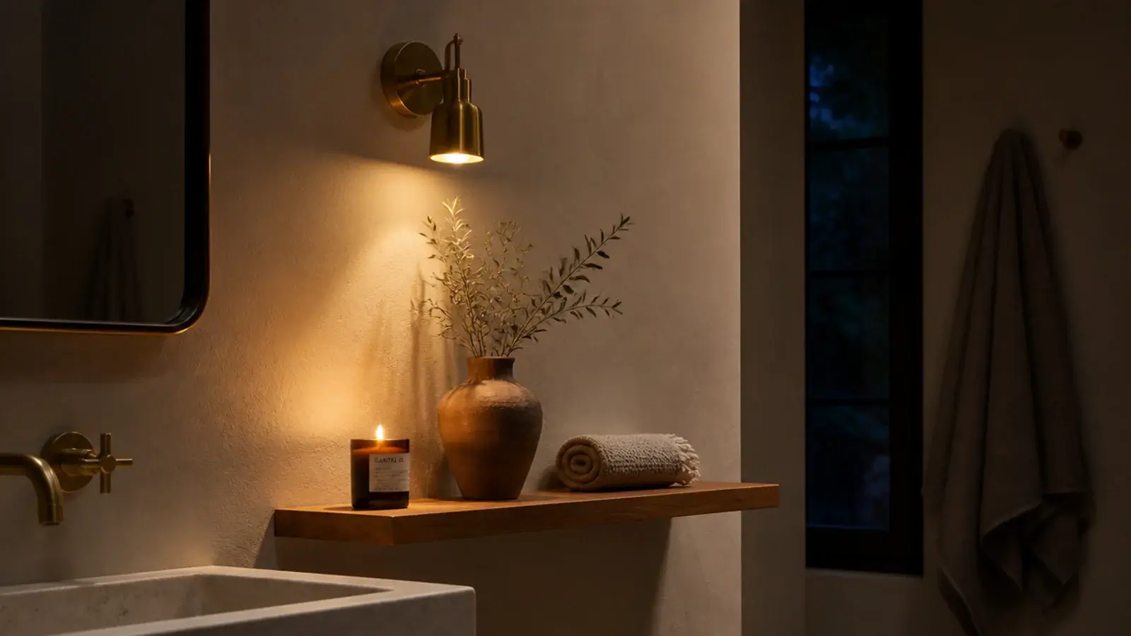 small warm wall light glowing above a styled bathroom floating shelf
