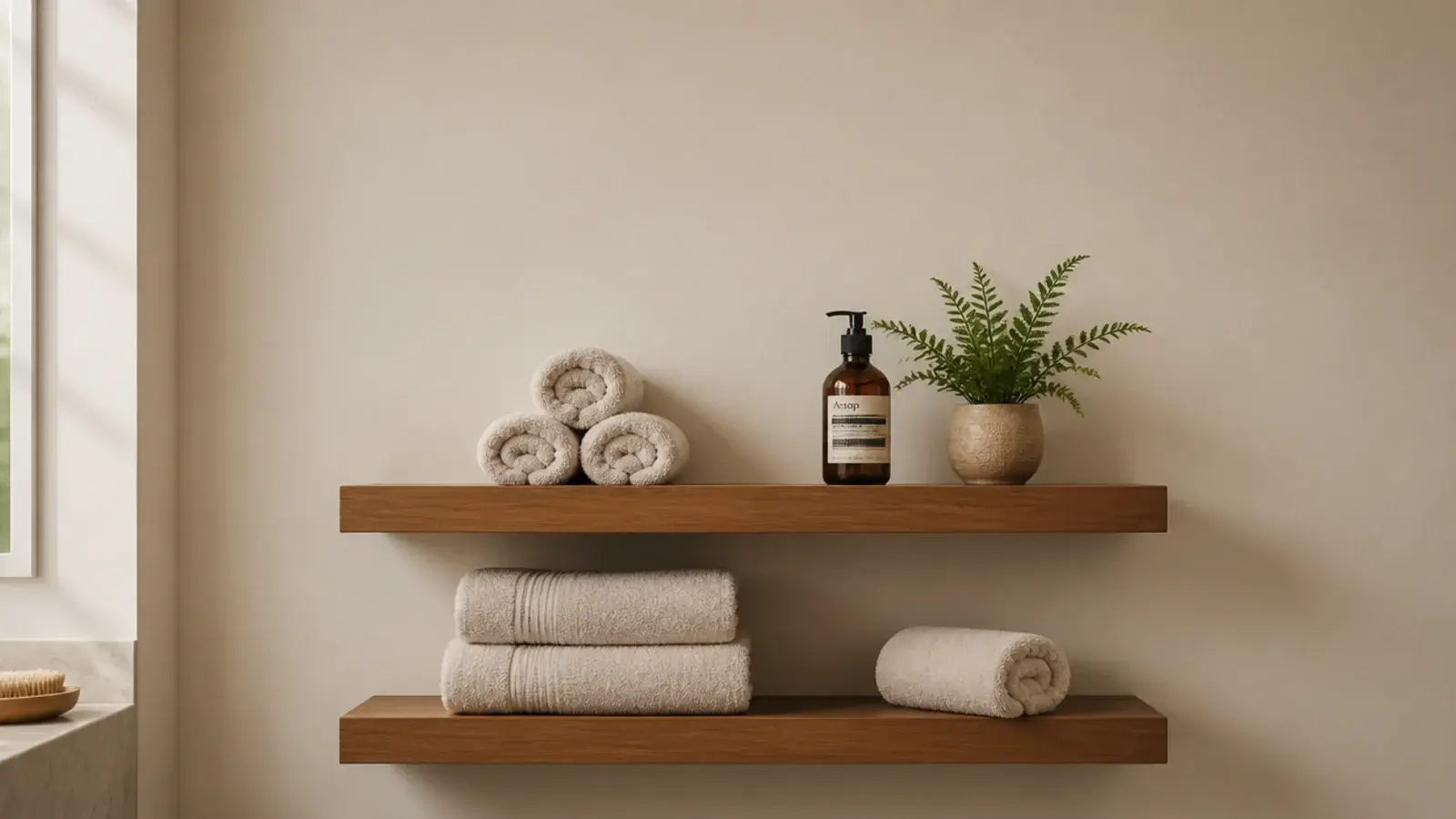 vertical view of styled wood floating shelves in a calm bright bathroom