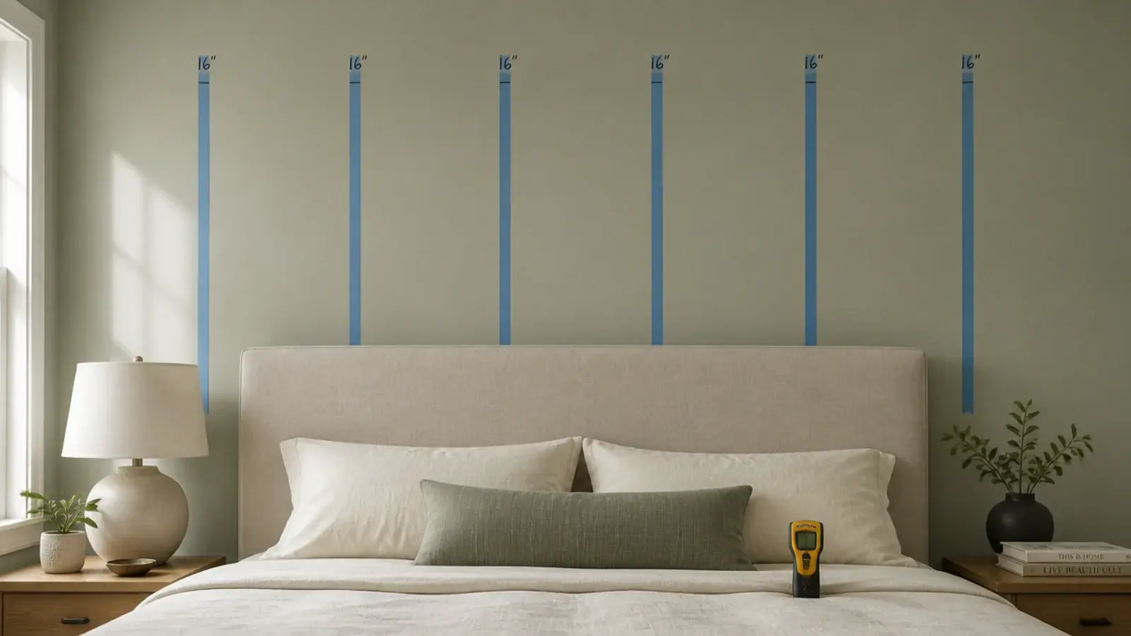 bedroom wall marked with tape showing stud spacing before shelves