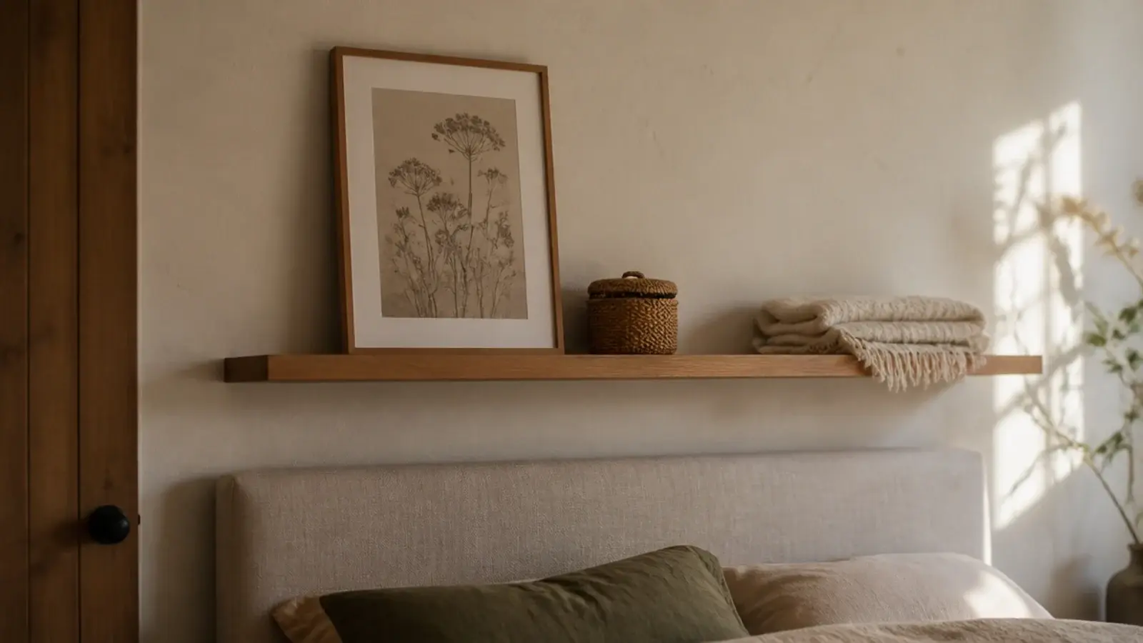 shallow floating shelf above a linen headboard holding a framed print