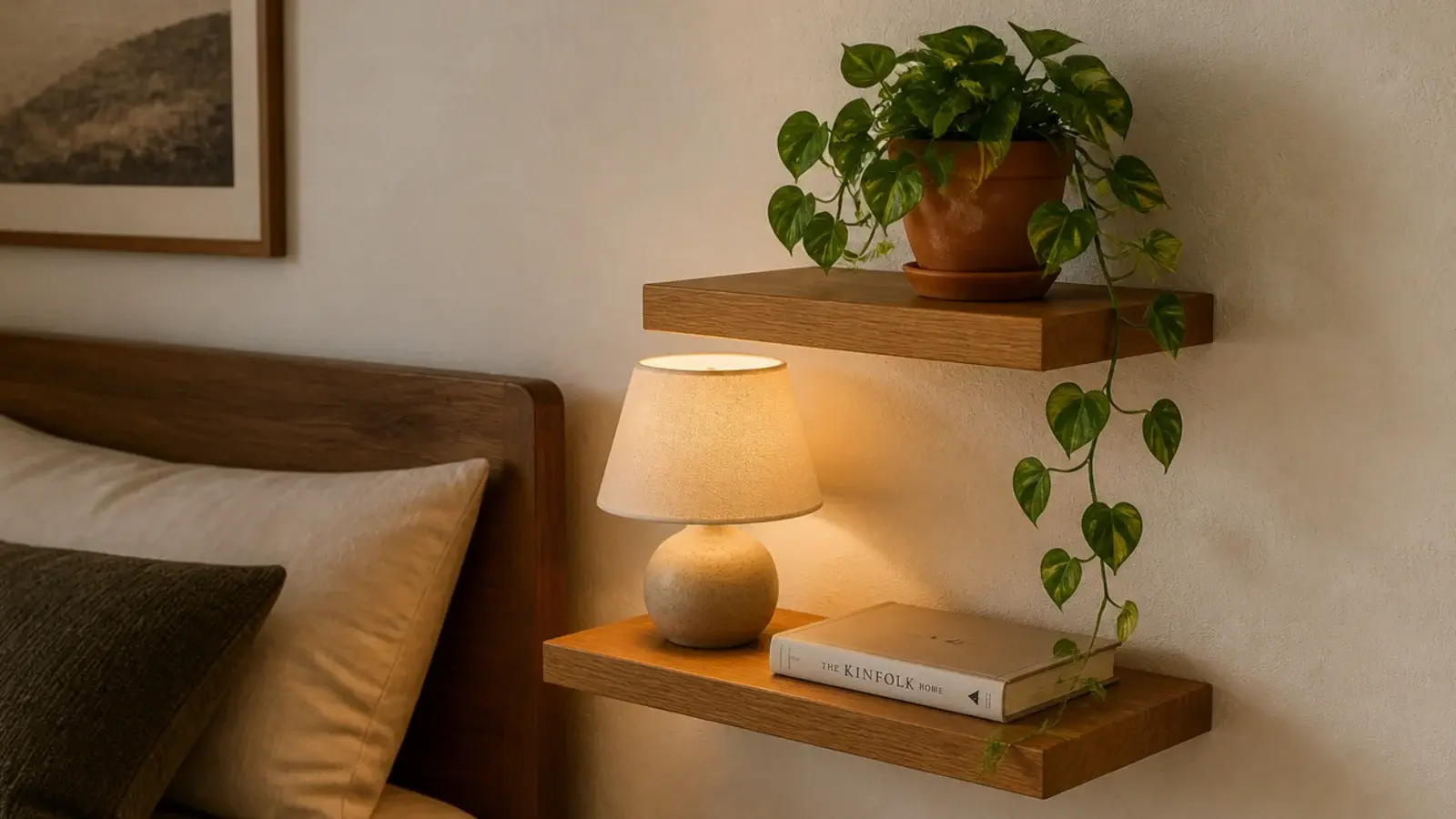 two stacked floating shelves beside a bed with a trailing plant above