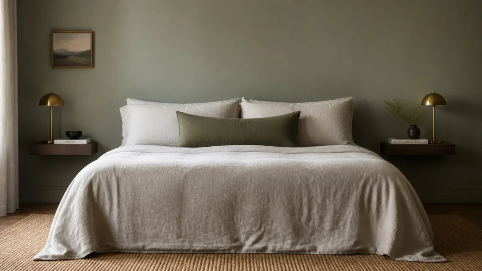 matching floating shelves either side of a bed as symmetrical nightstands