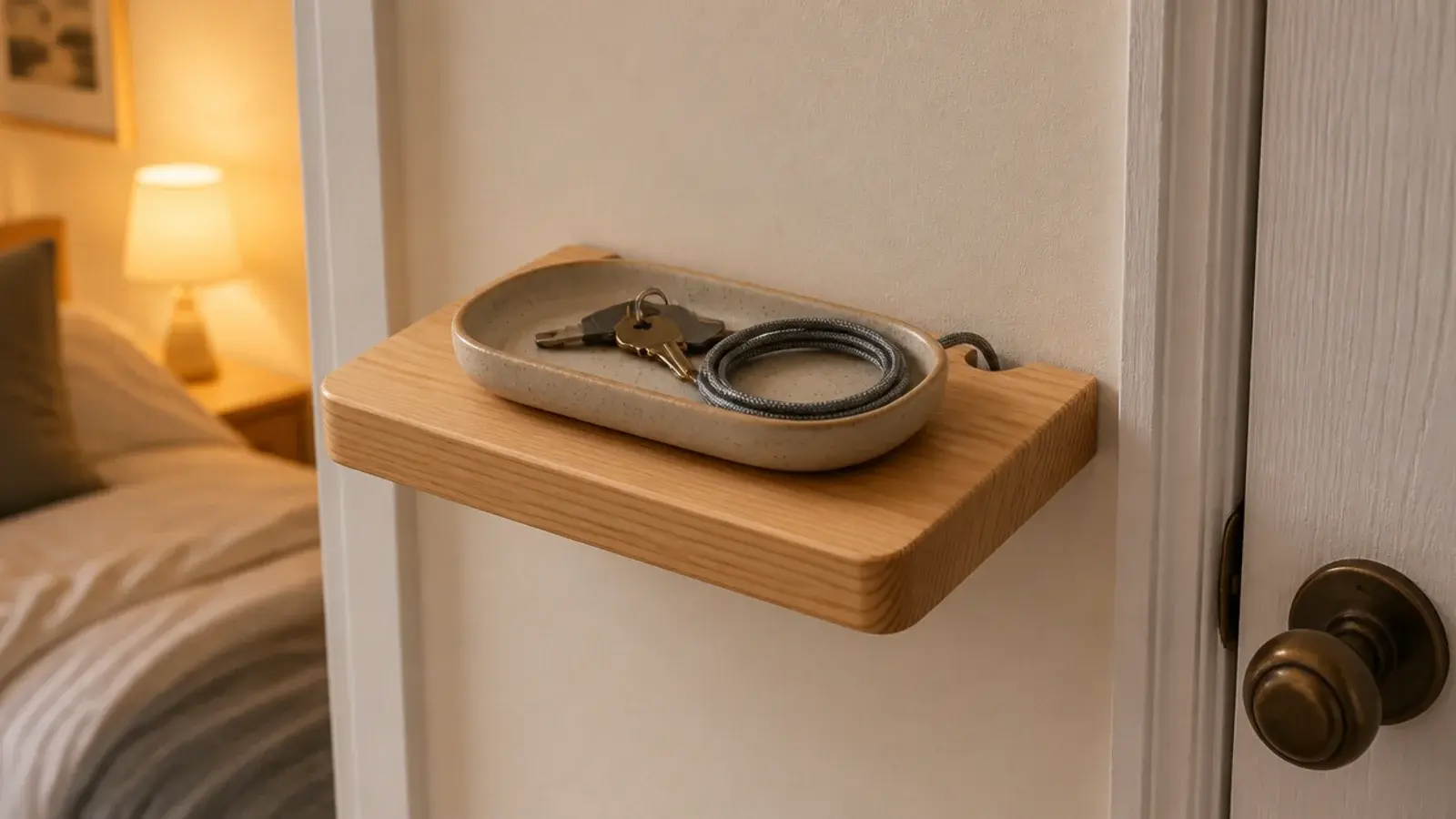 floating shelf by a bedroom door holding a tray and charging cables