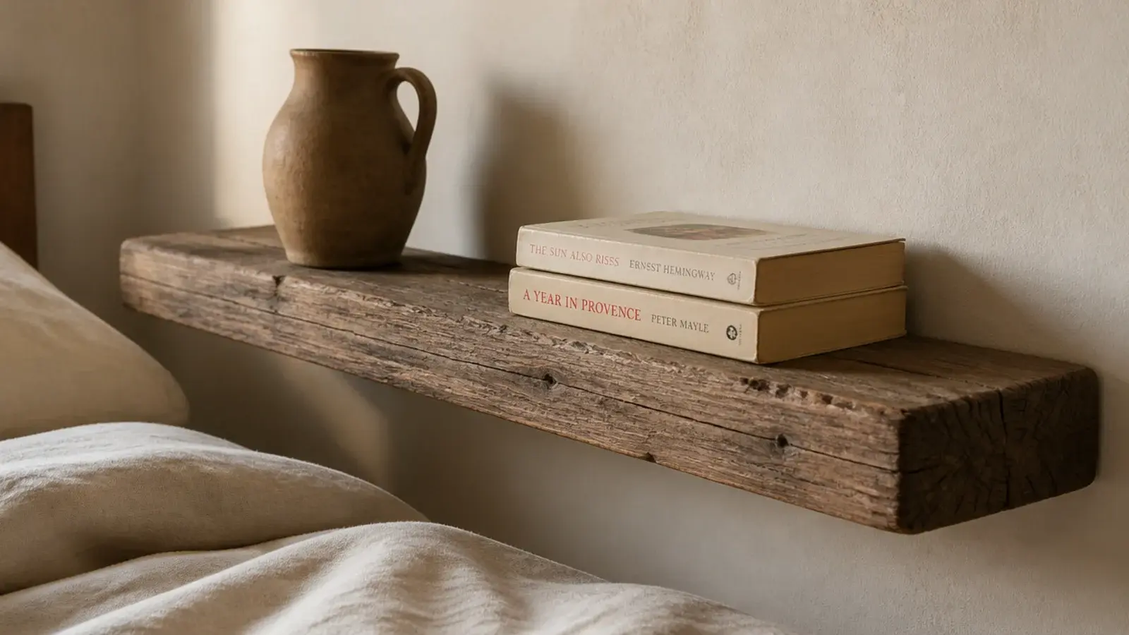 reclaimed timber board mounted as a budget bedroom floating shelf