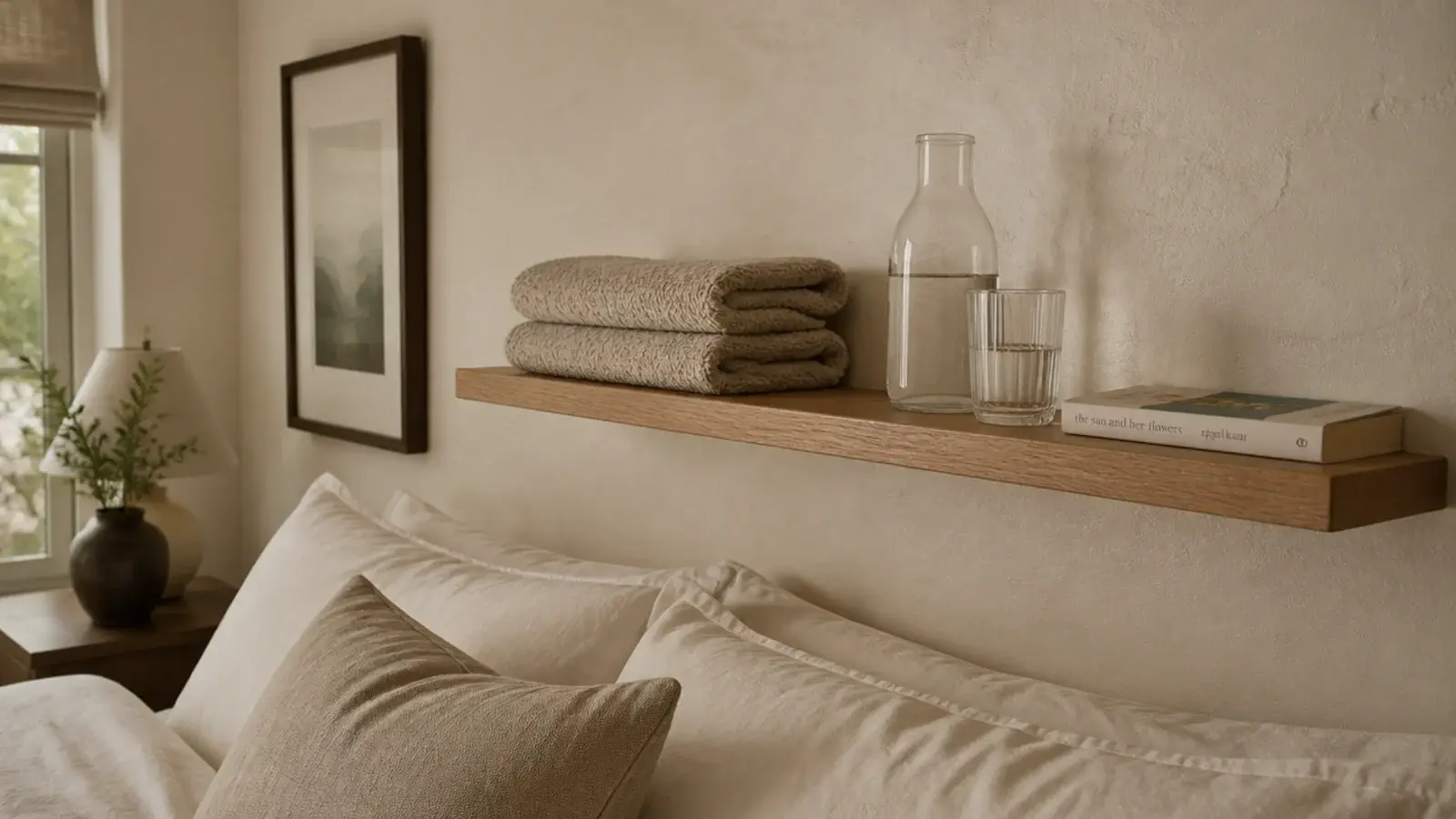 floating shelf in a guest bedroom holding folded towels and a carafe