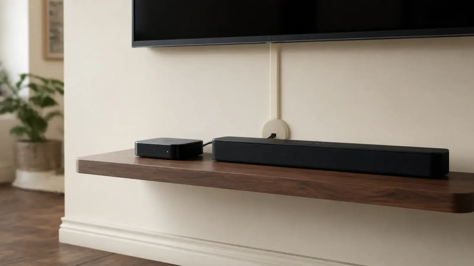 media shelf under a television with cables hidden through a drilled grommet