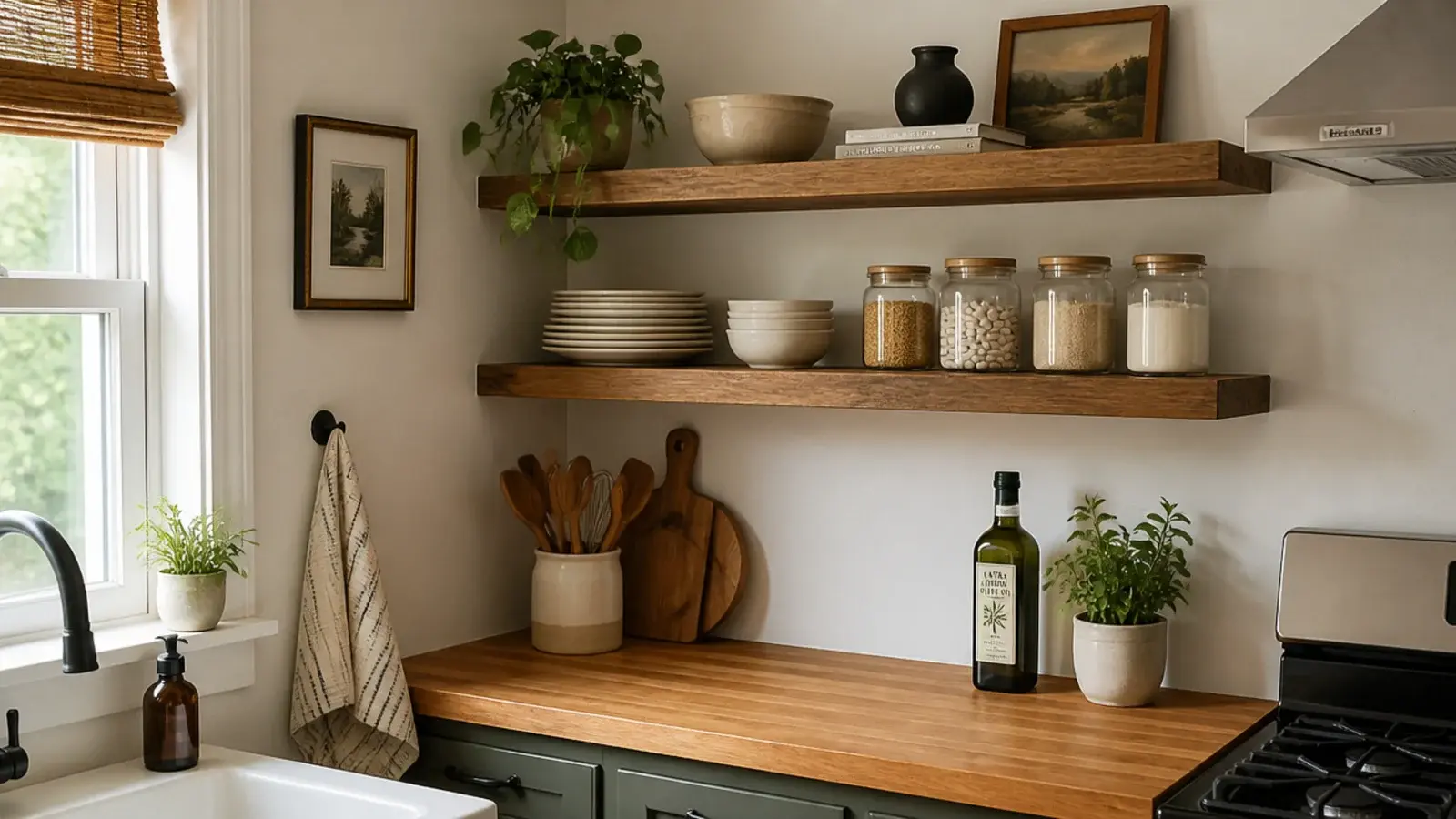 kitchen wall before and after with open shelves replacing a cabinet