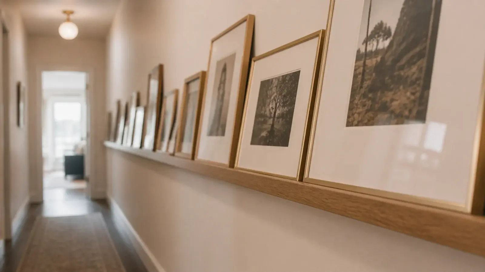 shallow oak ledge running along a hallway wall holding leaning prints