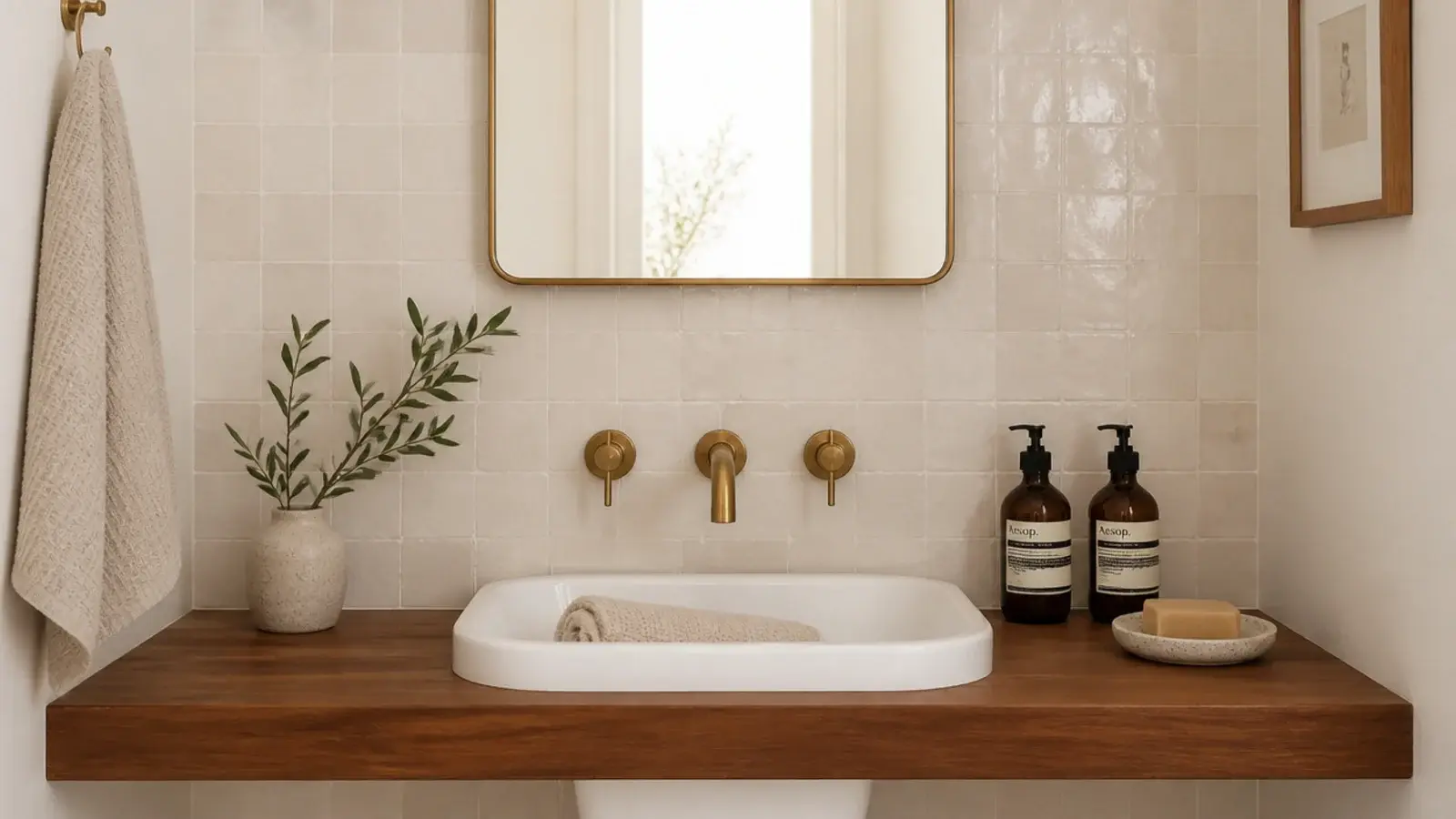 sealed teak bathroom shelf replacing a swollen raw pine board