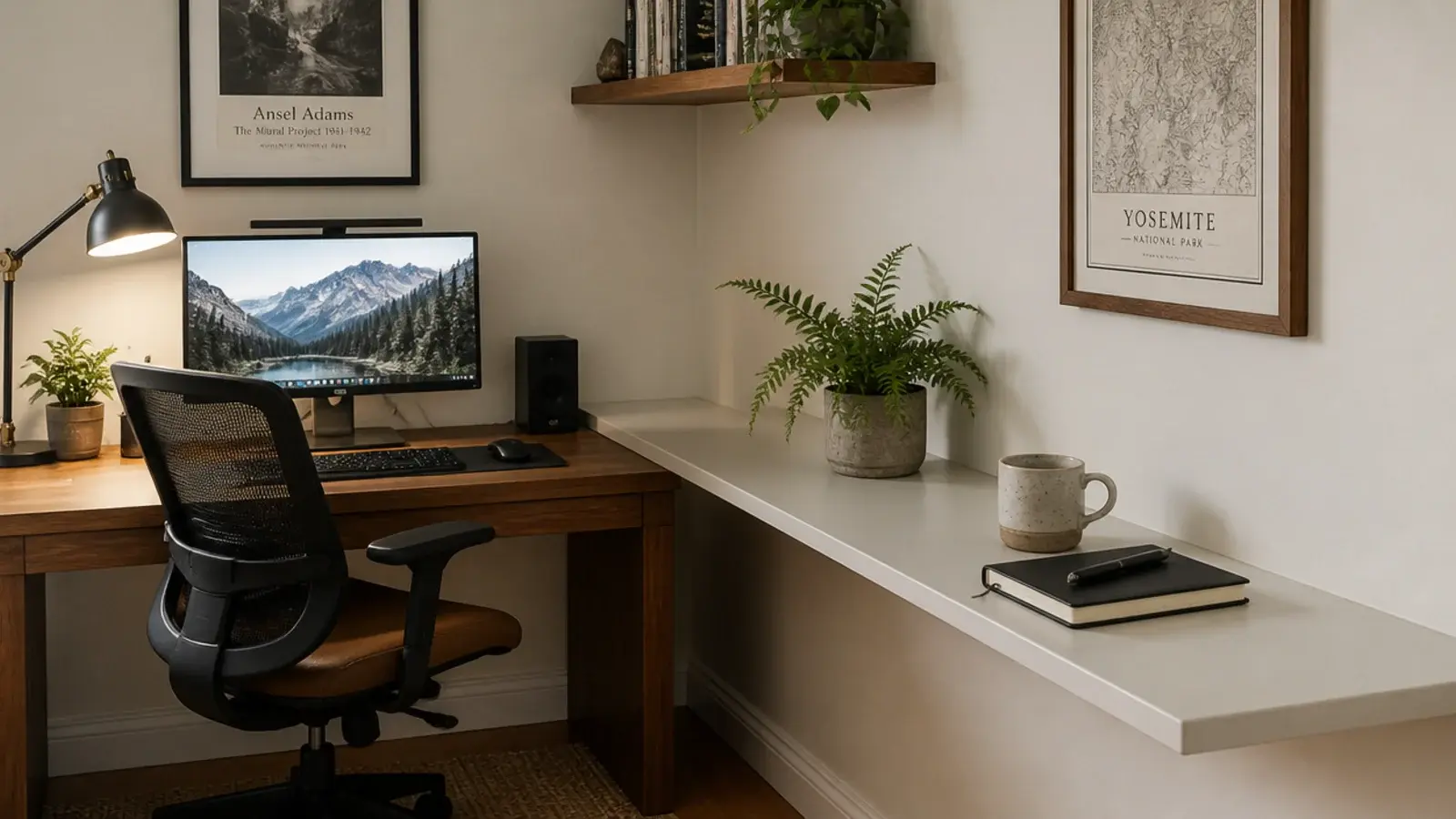 before and after of a desk wall with a floating shelf added