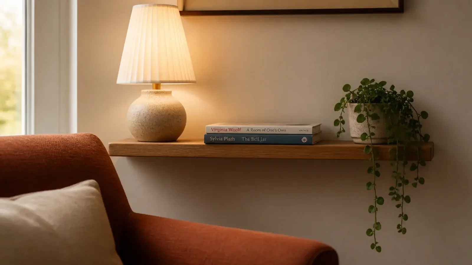 floating shelf remounted at reachable height above a low reading chair