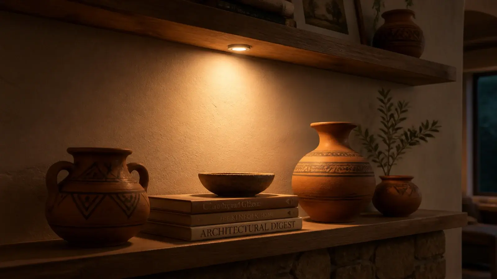 dark wall shelf lit from beneath by a warm rechargeable puck light