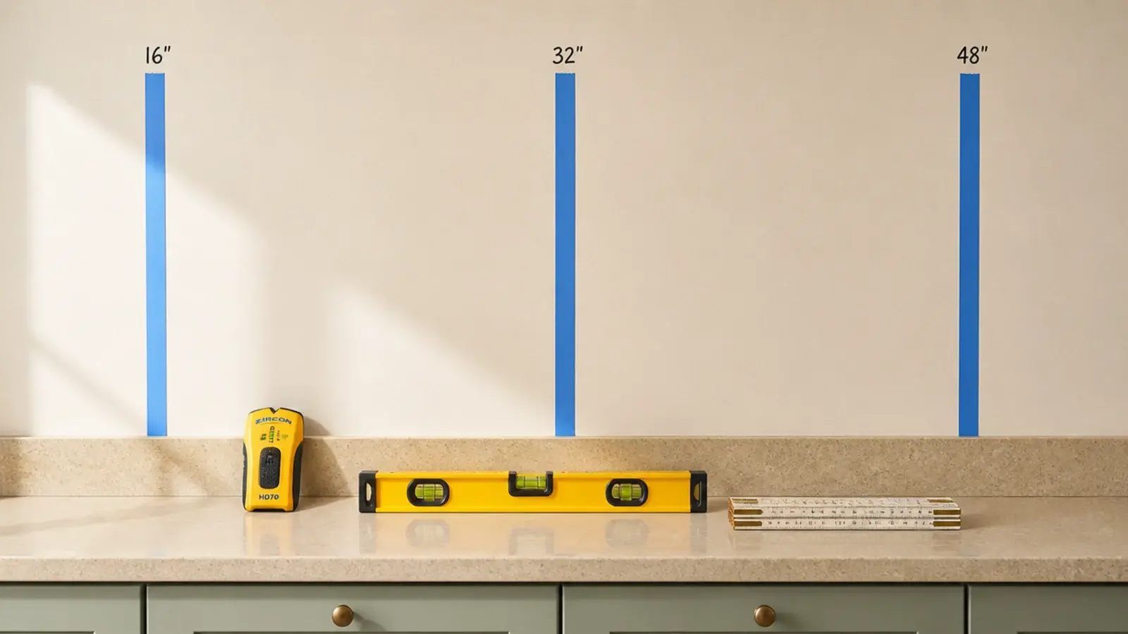 bare kitchen wall marked with tape ready for floating shelf brackets