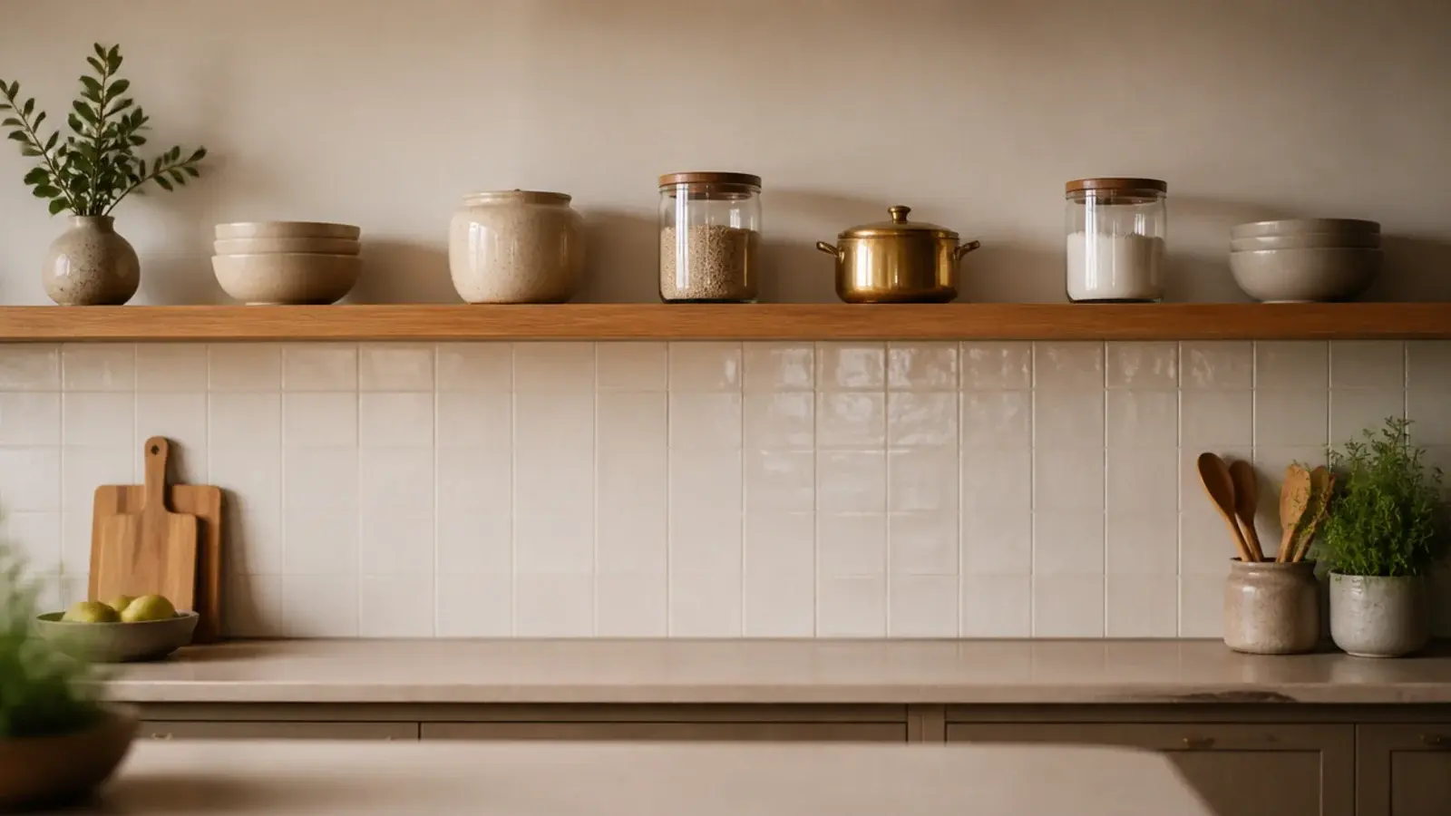 single long floating shelf running the full width of a kitchen counter