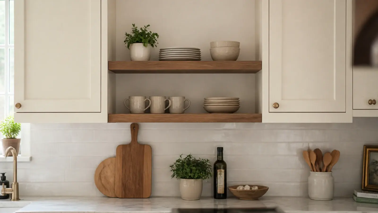 pair of floating kitchen shelves replacing a removed wall cabinet