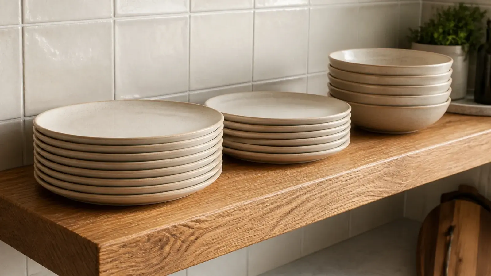 stacked stoneware dinner plates on a sturdy floating kitchen shelf
