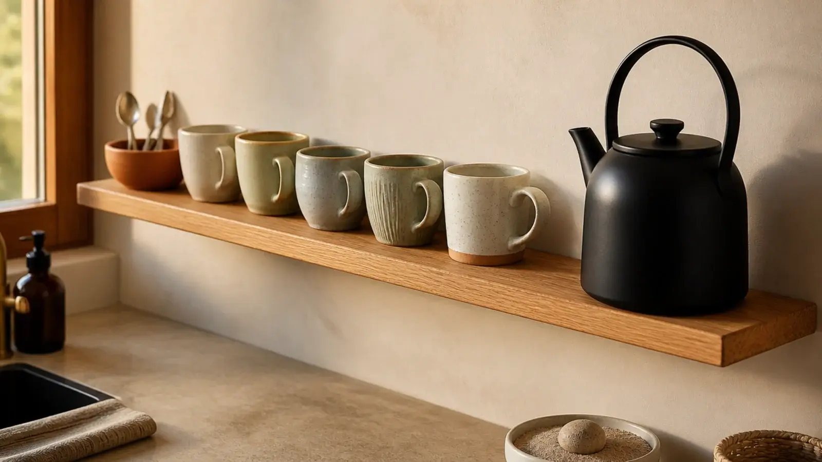 floating shelf of everyday mugs mounted beside a kitchen kettle