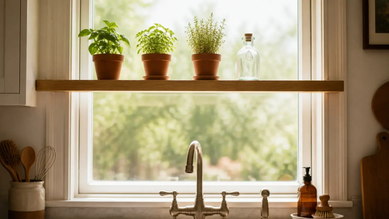 slim floating shelf crossing a kitchen window above the sink