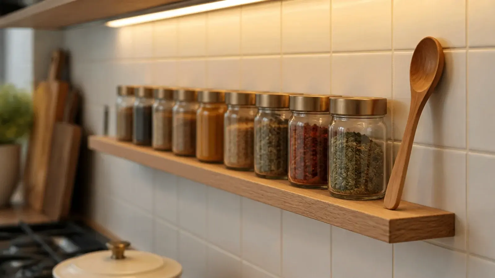 shallow floating spice shelf running along a tiled kitchen backsplash
