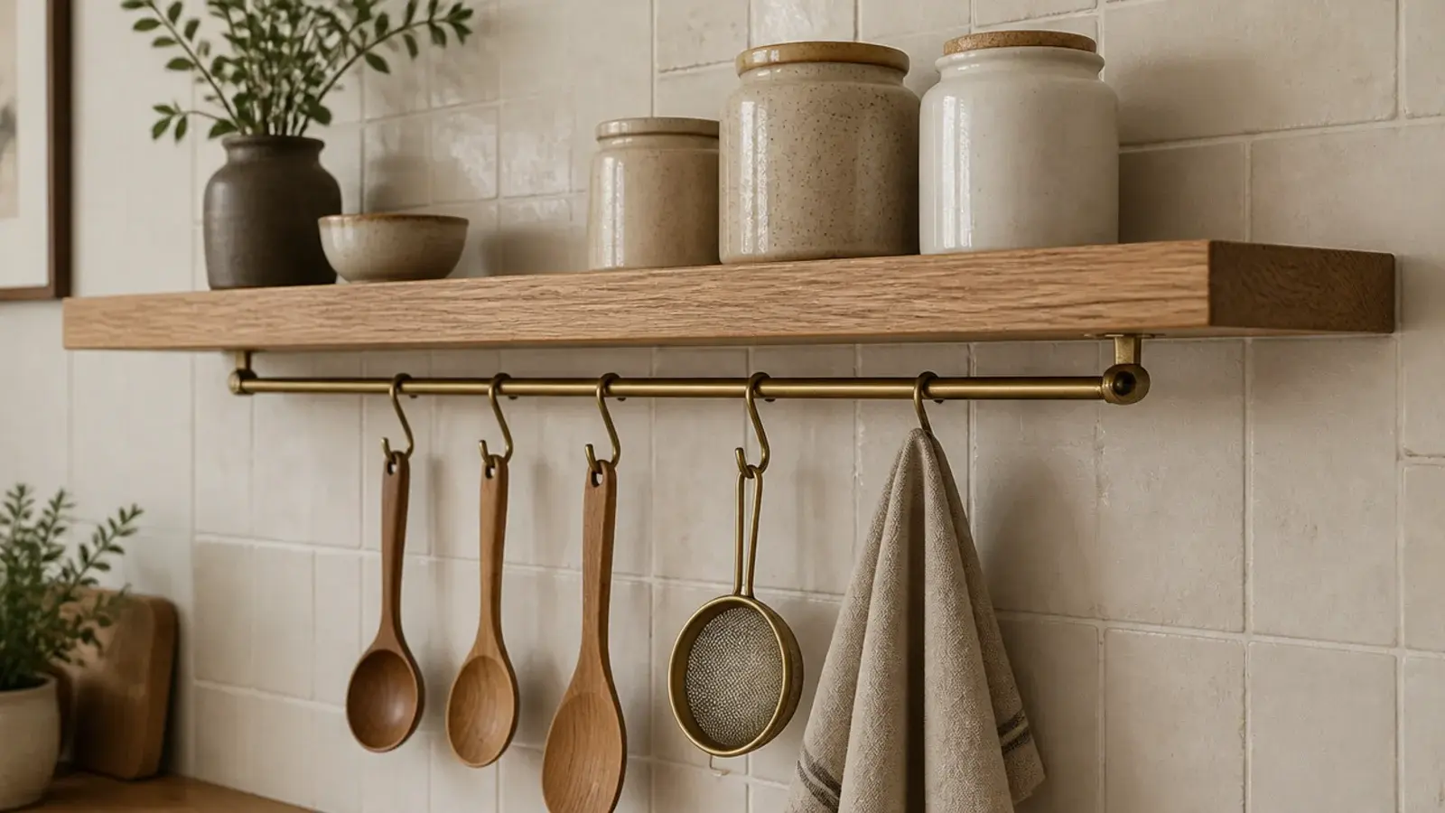 brass rail fitted under a floating kitchen shelf holding utensils