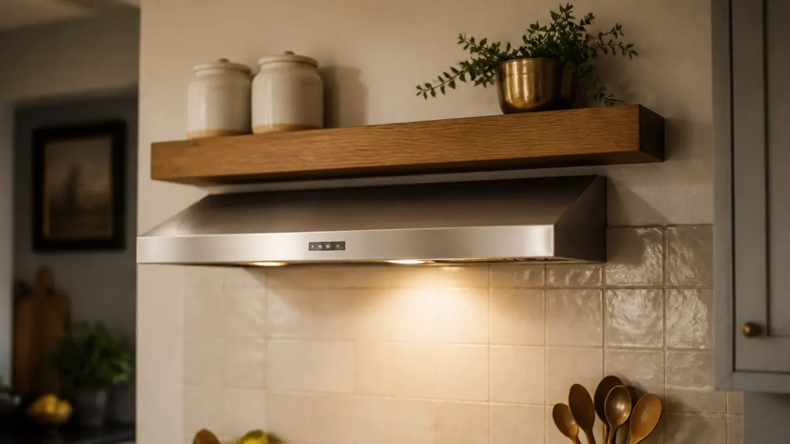 floating shelf mounted with clearance above a kitchen range hood
