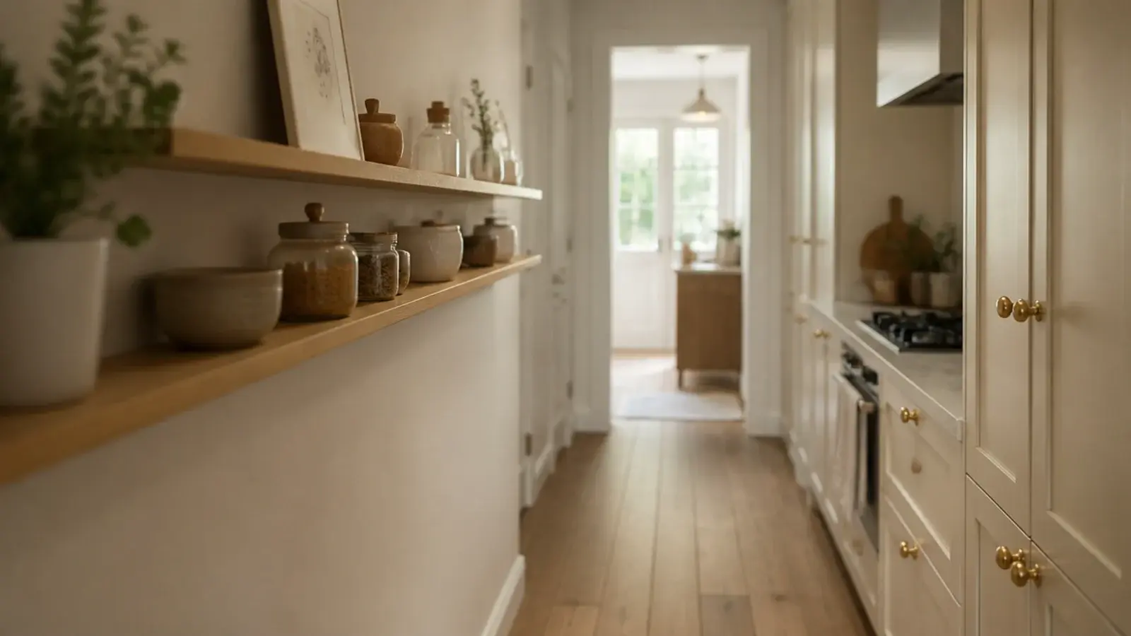 shallow floating shelves lining one wall of a narrow galley kitchen