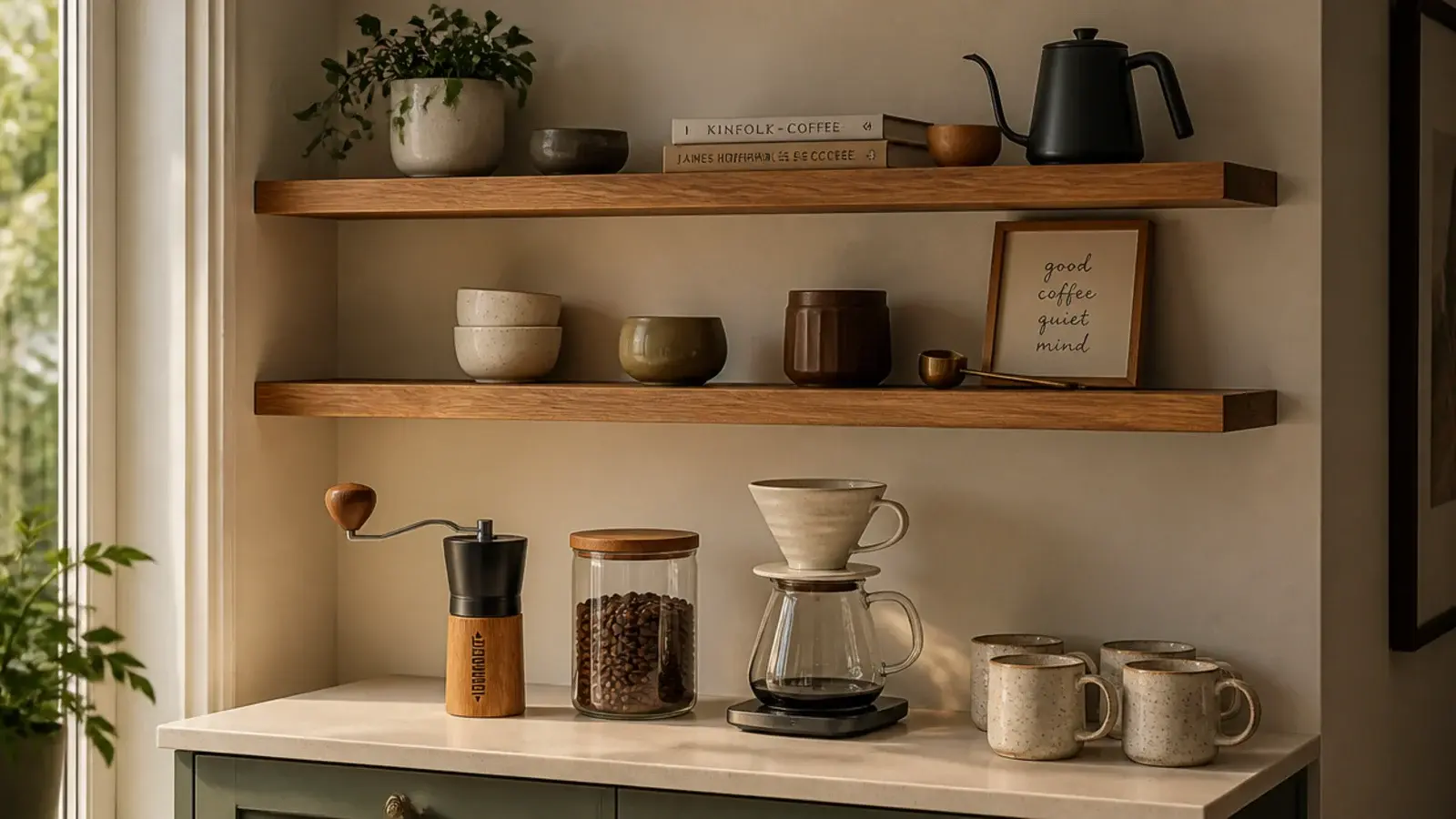 floating shelves above a small kitchen coffee station with mugs
