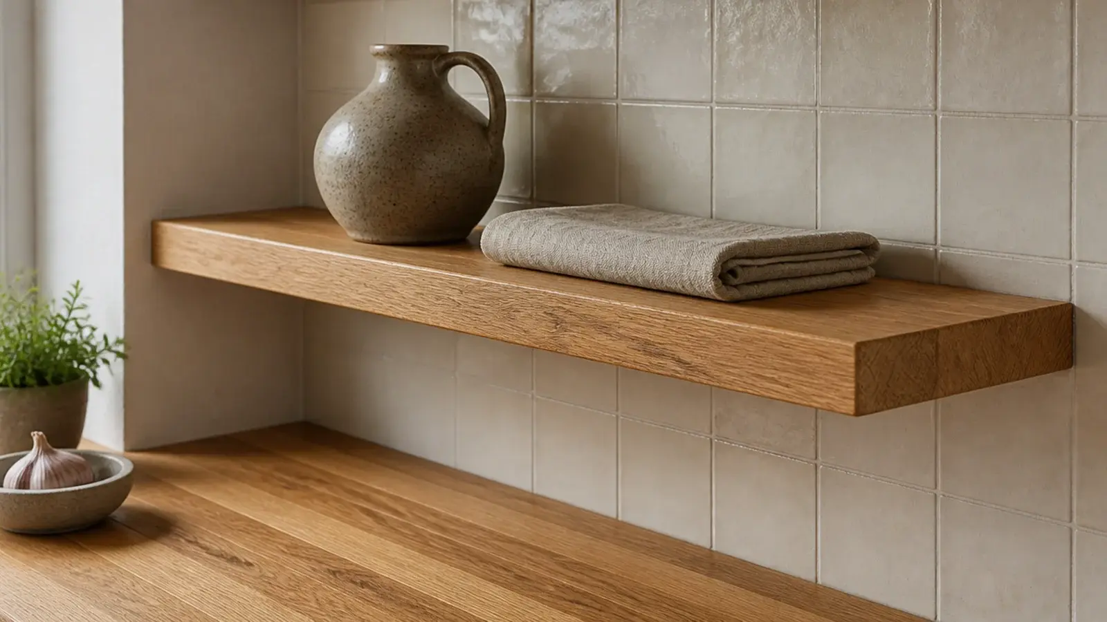 floating kitchen shelf cut from the same wood as the countertop