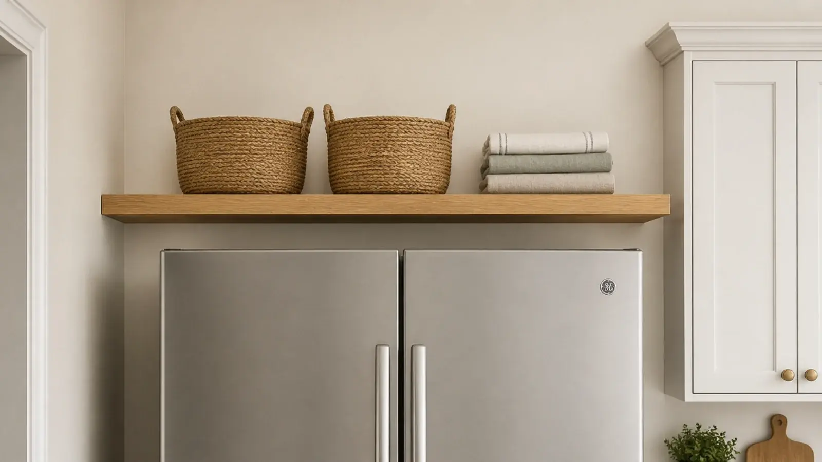 floating shelf mounted above a kitchen fridge holding jute baskets