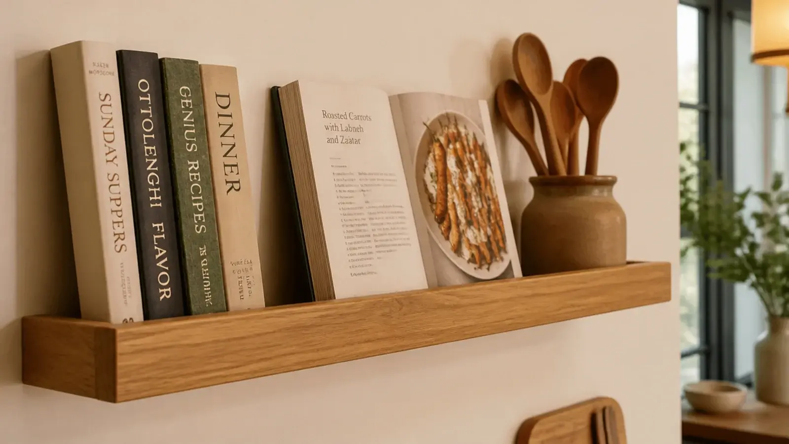 floating cookbook ledge with a raised lip holding leaning recipe books
