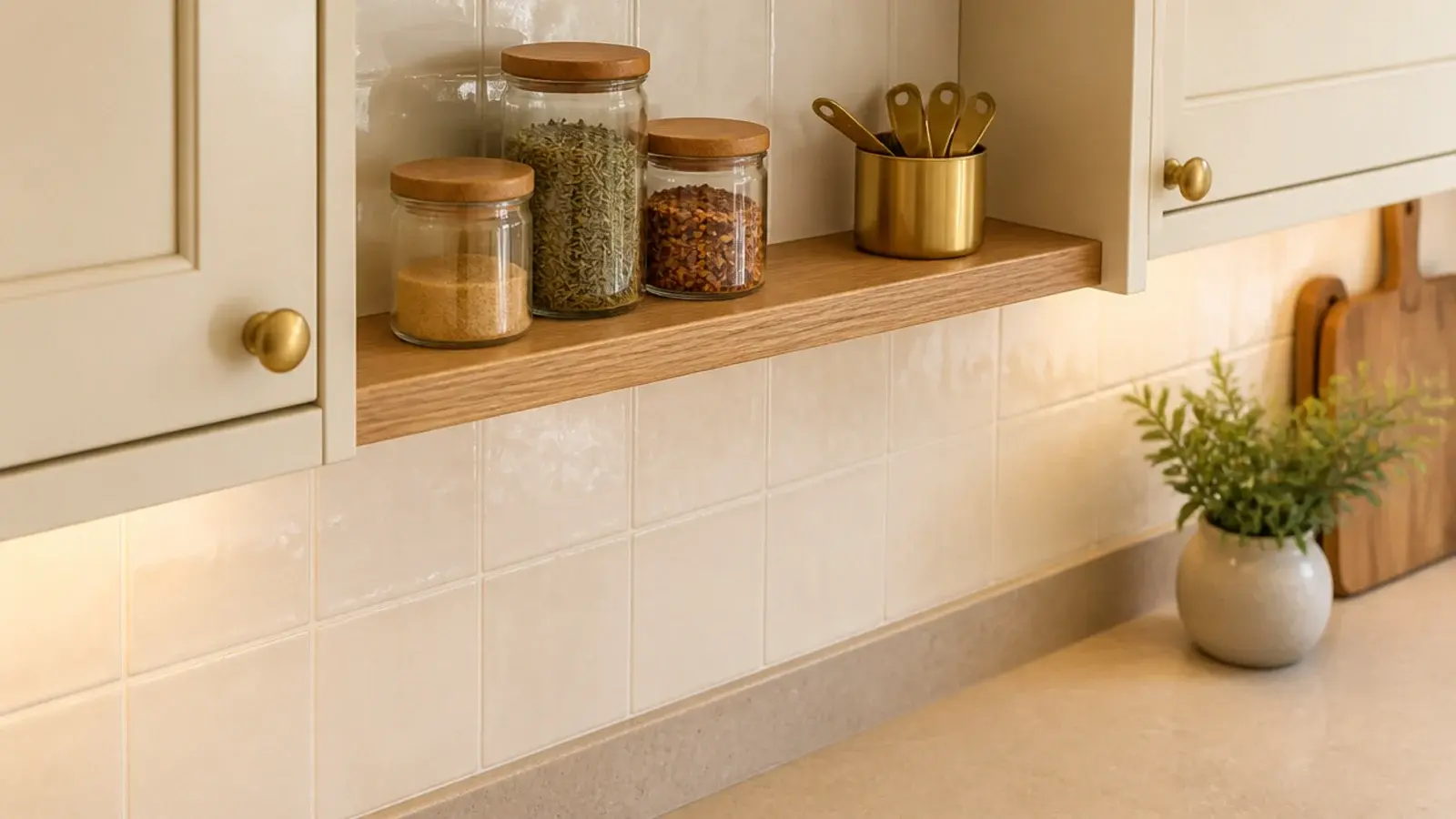 small floating shelf tucked under kitchen wall cabinets above the counter
