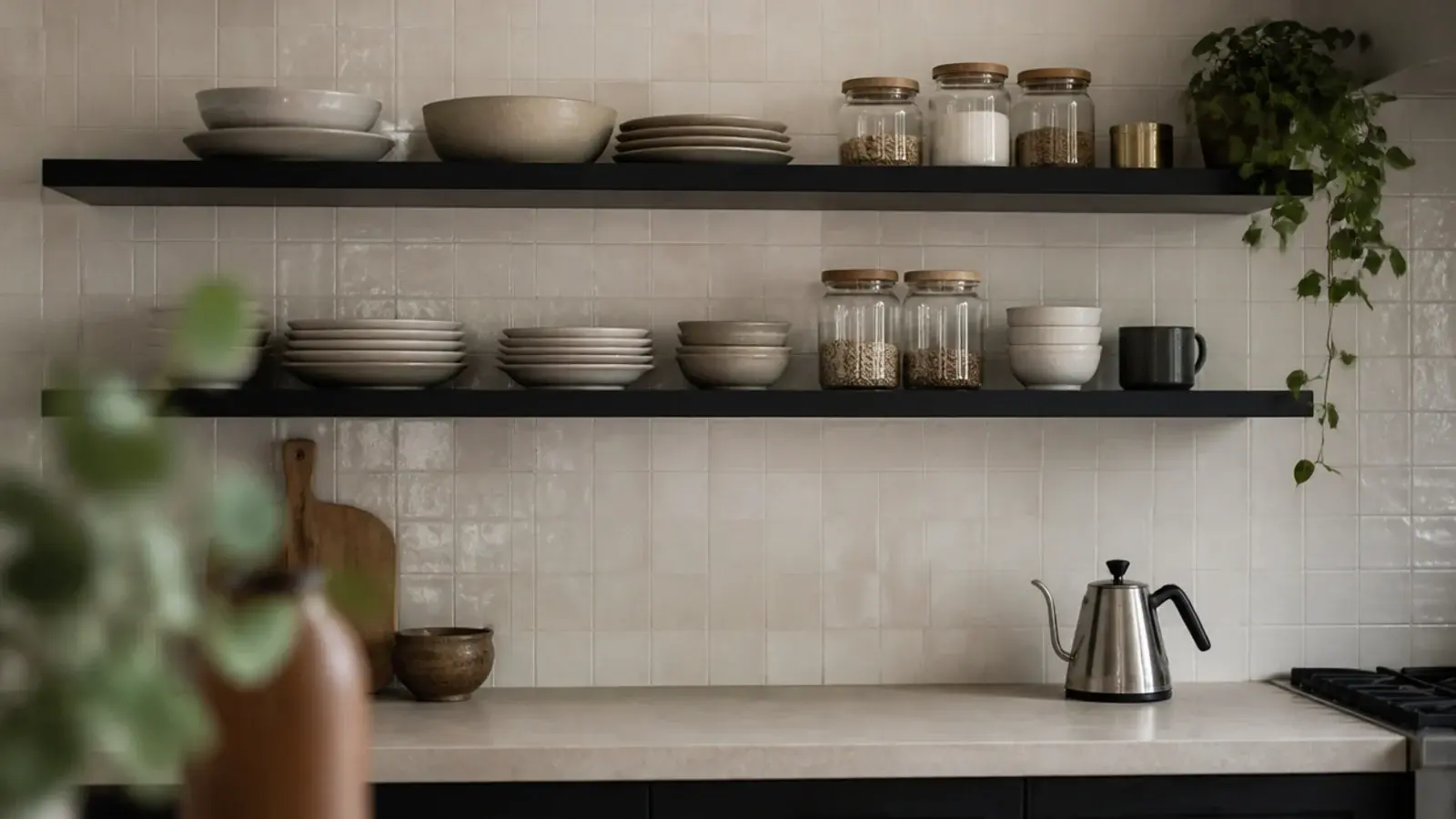 black powder coated steel floating shelves on a working kitchen wall