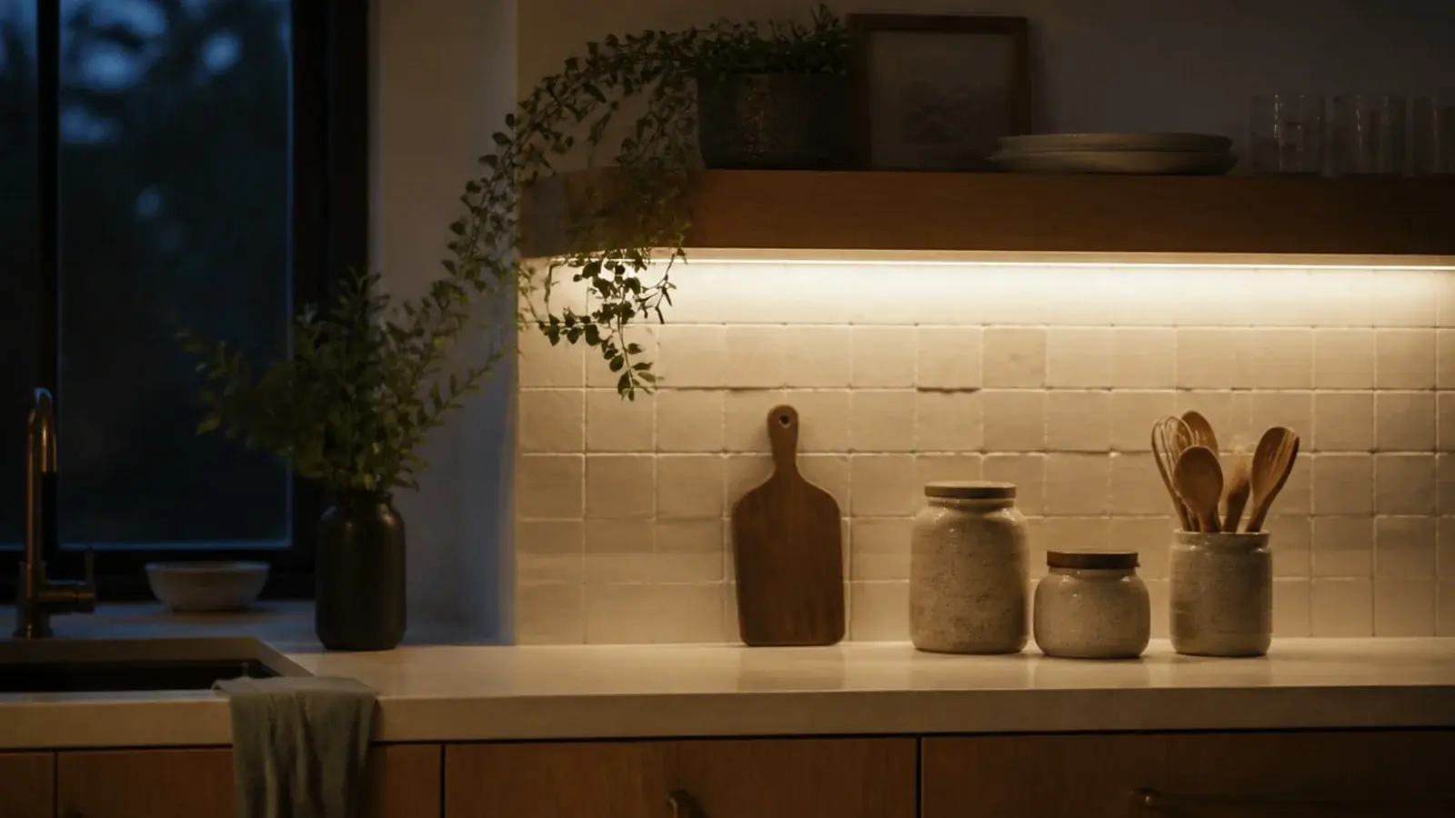 warm light strip glowing under a floating kitchen shelf onto the counter