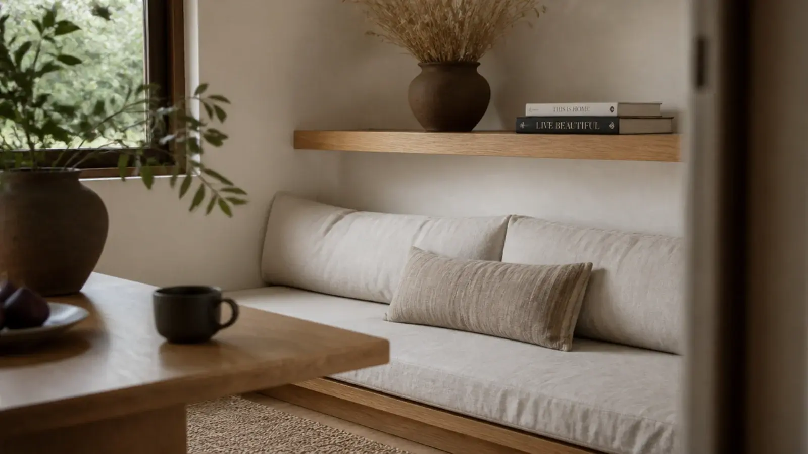 floating shelf above a small kitchen breakfast nook with bench seating
