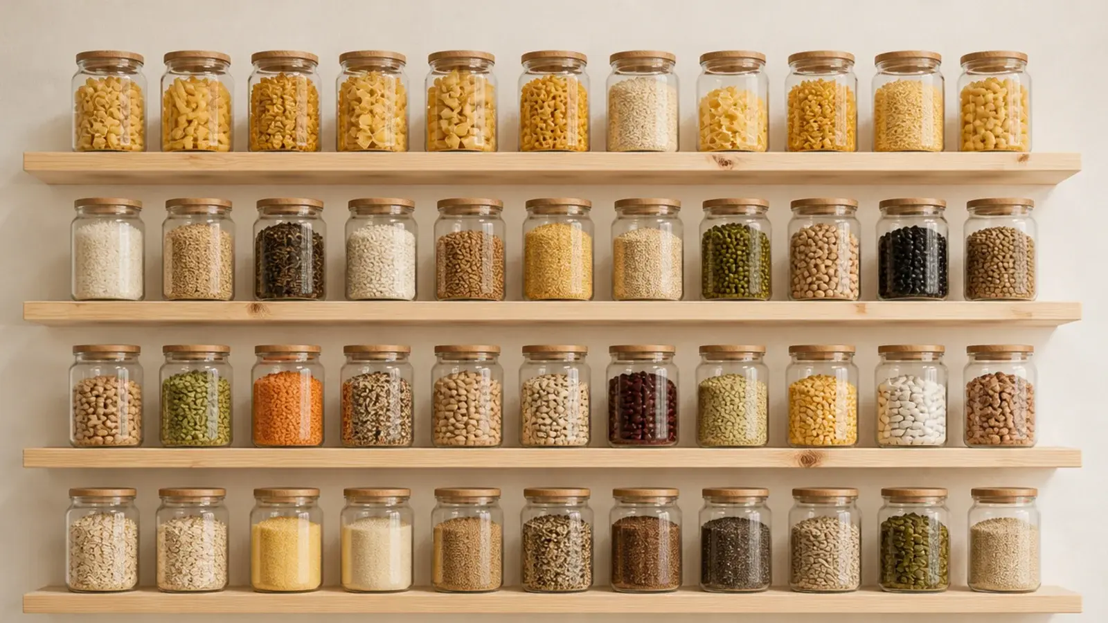 shallow floating pantry shelves lined with glass jars of dry goods