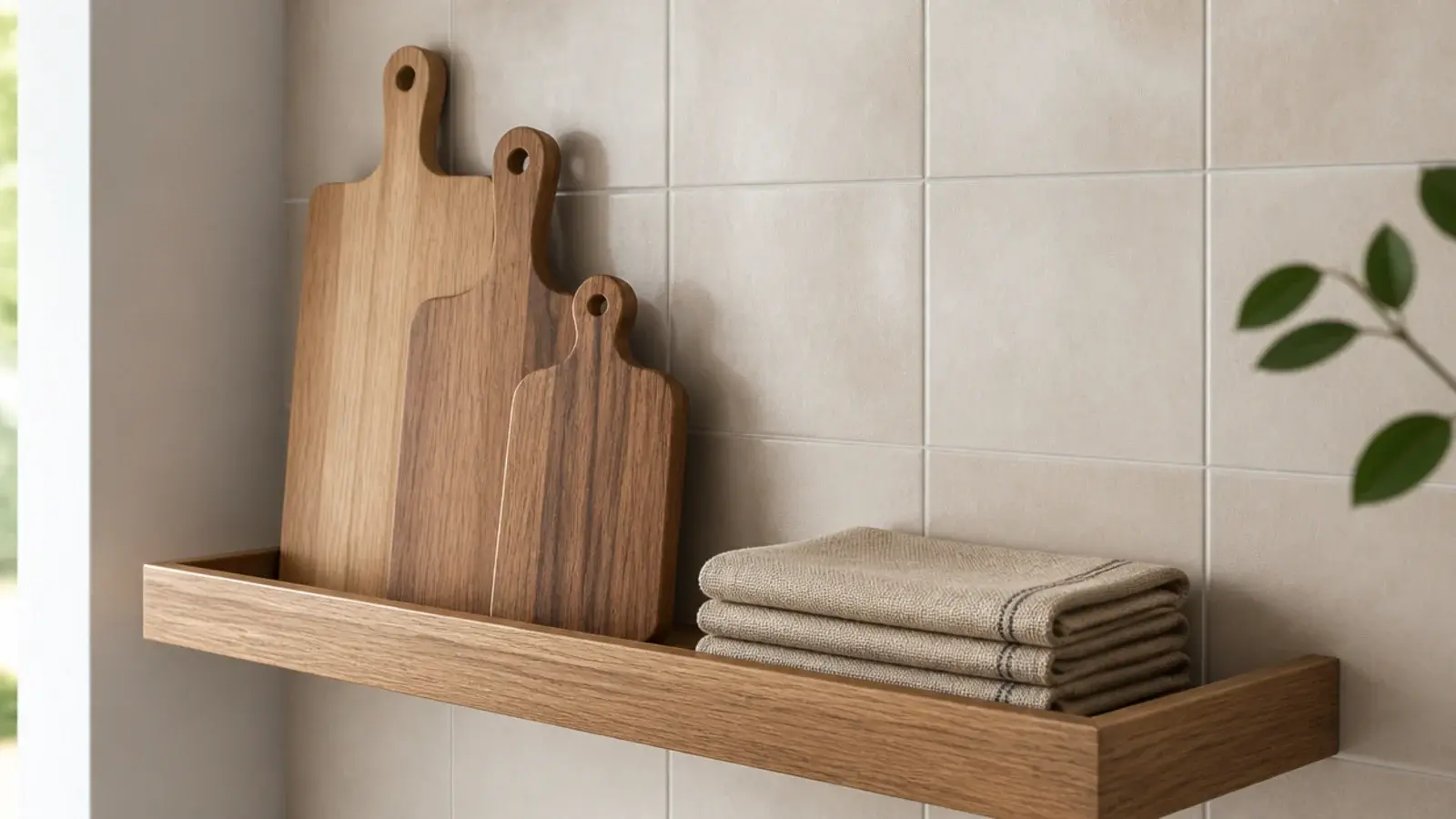 wooden boards stored upright on a floating kitchen shelf with linens