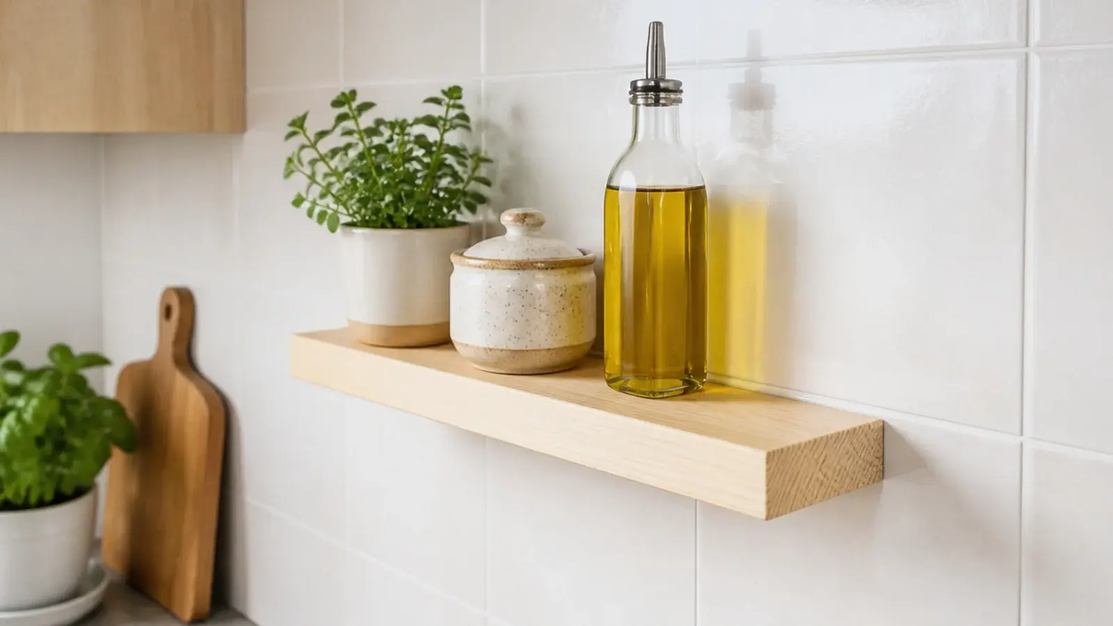 lightweight floating shelf held with adhesive strips in a rental kitchen