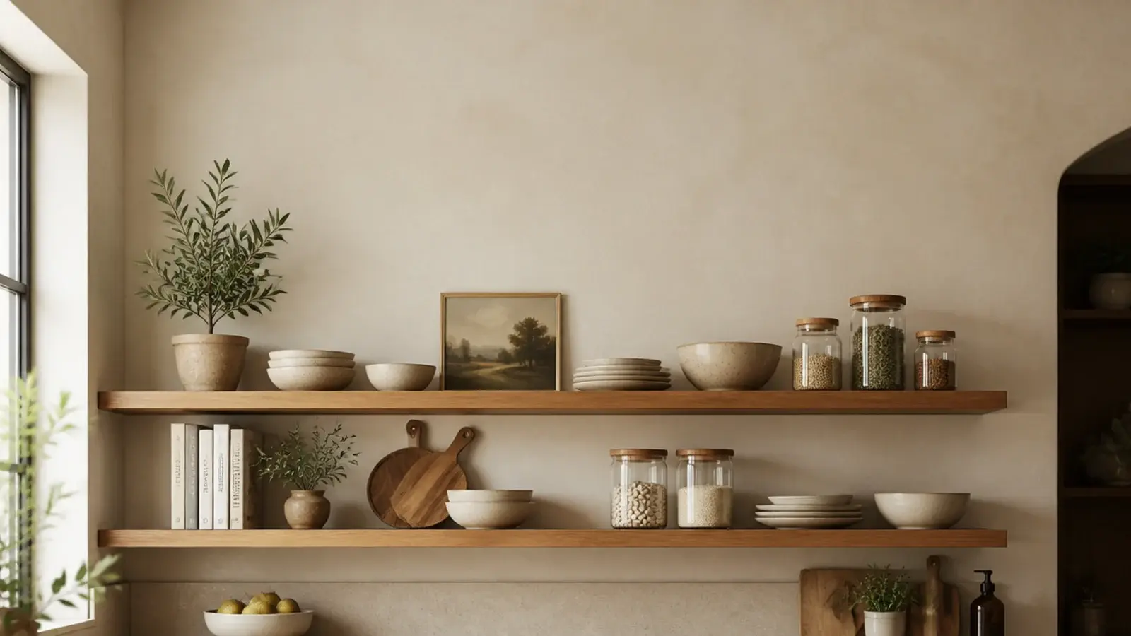 vertical view of styled wood floating shelves in a cozy warm kitchen