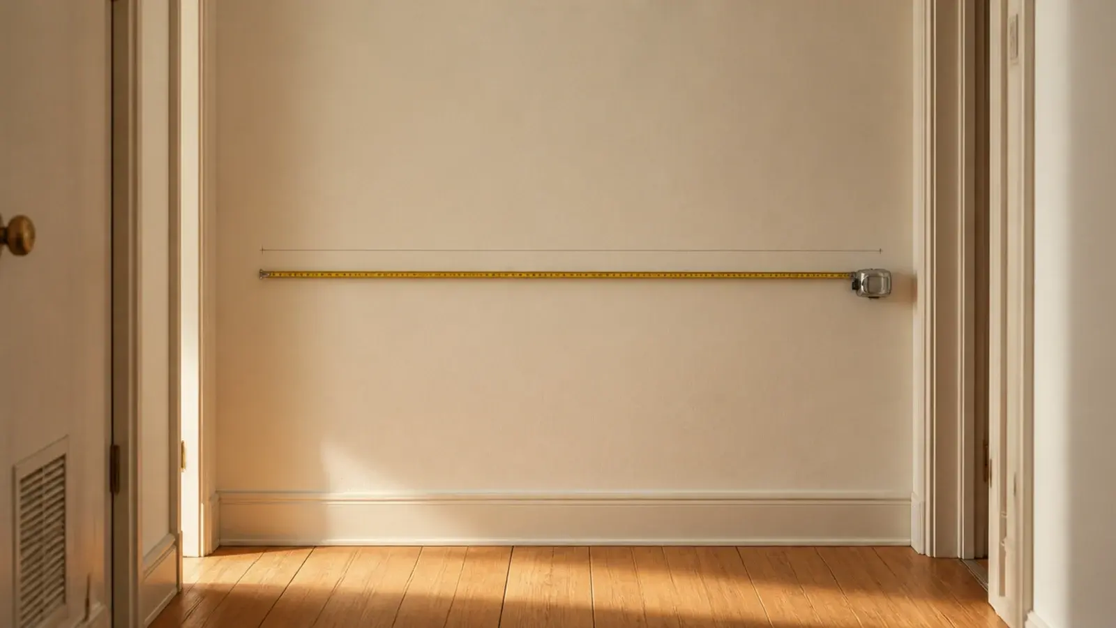 narrow apartment wall measured with a tape for shallow shelf clearance