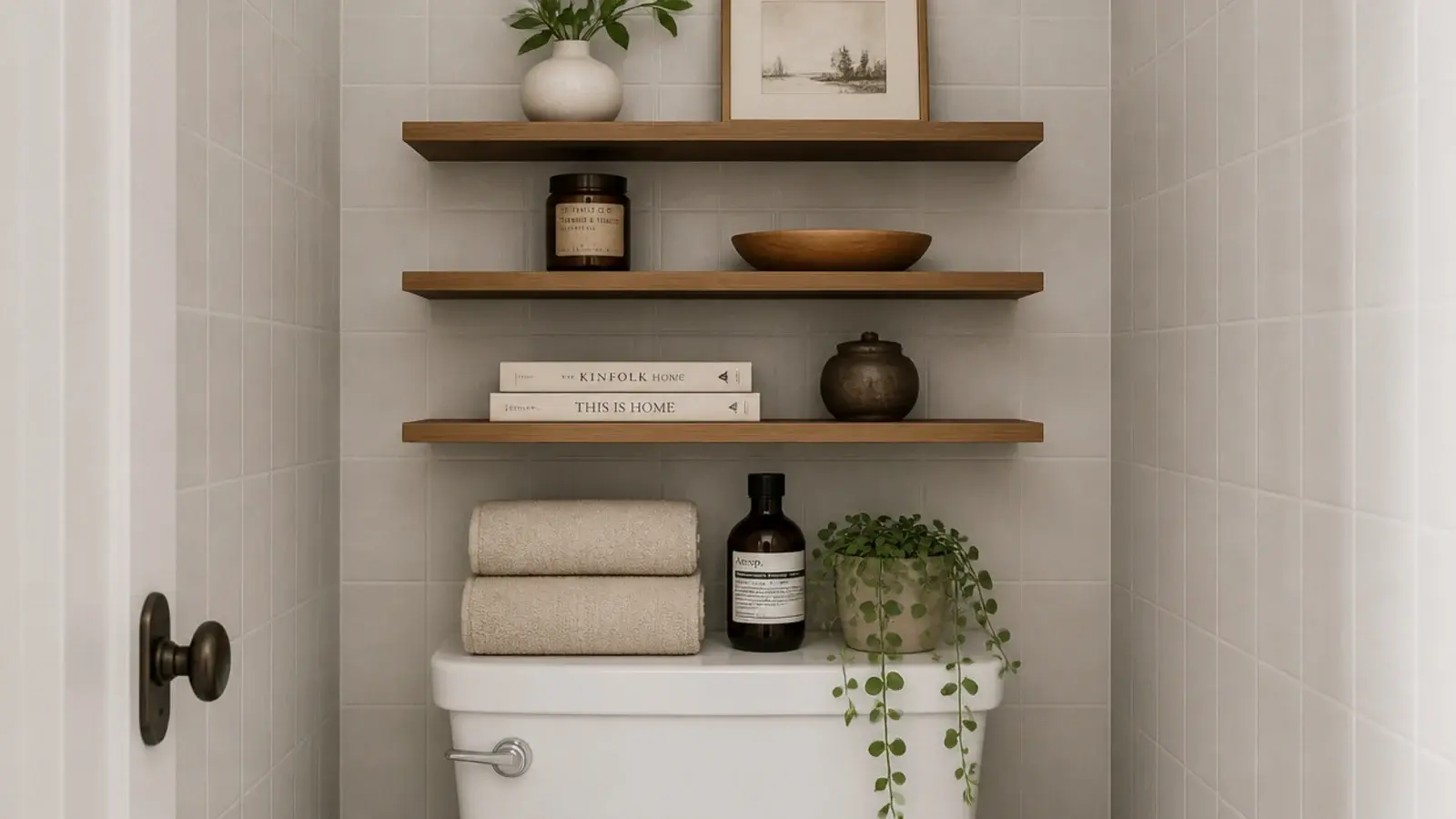 three narrow wooden shelves stacked above a toilet holding towels and jars